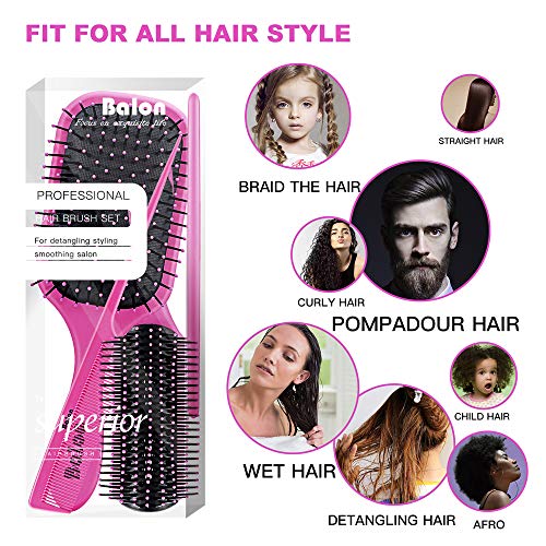 4Pcs Paddle Hair Brush, Detangling Brush and Hair Comb Set for Women and Men, Great On Wet or Dry Hair, No More Tangle Hairbrush for Long Thick Thin Curly Natural Hair (Pink)