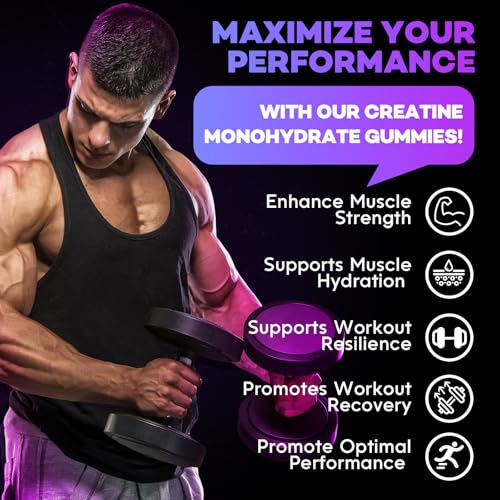 JUYIHEAL 8-in-1 Creatine Monohydrate Gummies, 8055 mg Creatine Complex Gummies for Enhanced Muscle Growth, Energy Boost - with L-Taurine, B6, Sugar Free Creatine Supplement, 120 Count, Vegan, Raspberry Flavor