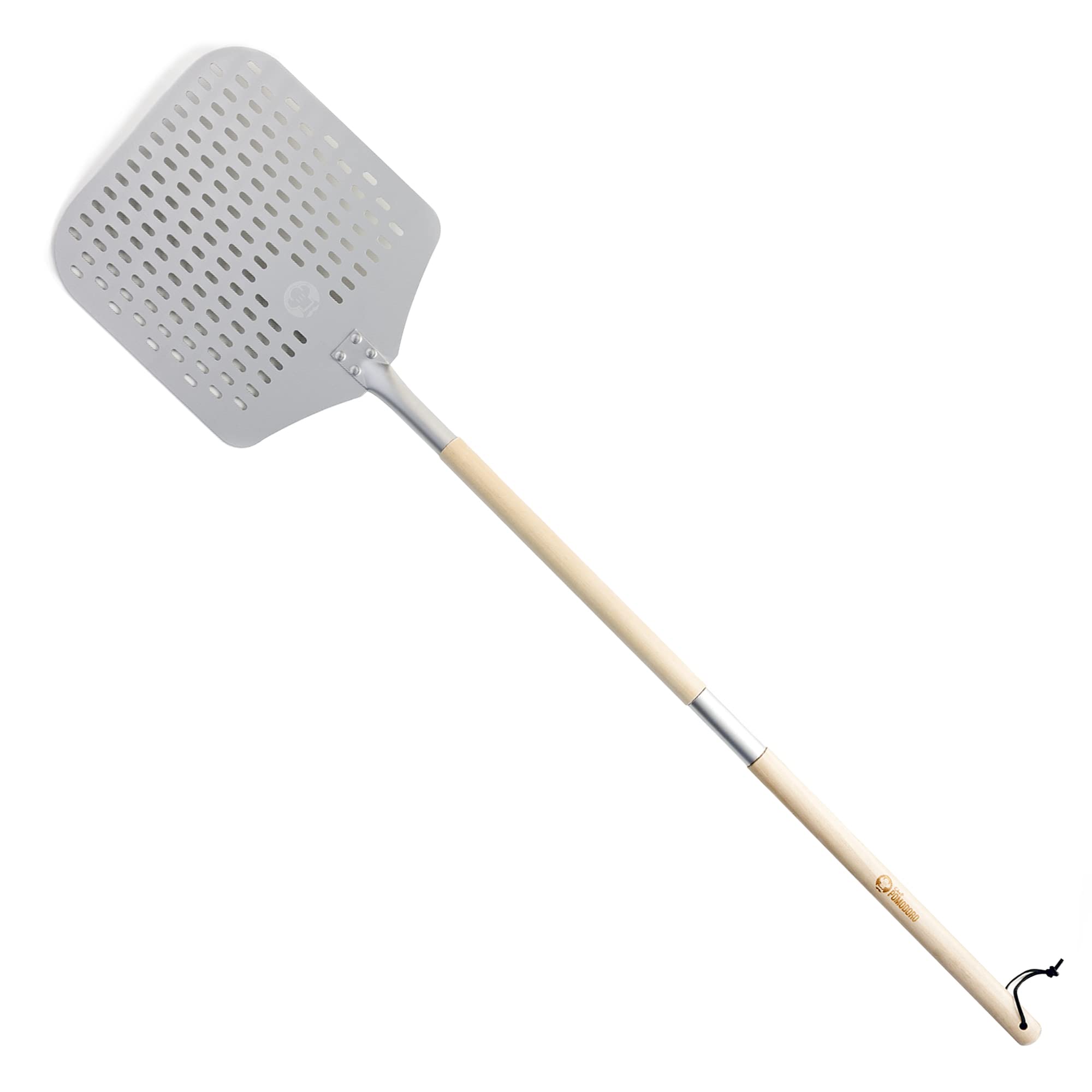 Chef Pomodoro Long Perforated Pizza Peel 12" x 14" (30 x 36 cm), Aluminum Pizza Paddle with Detachable Wood 49" (124 cm) Extendable Handle for Easy Storage Gourmet Luxury Pizza Turning Peel for Baking