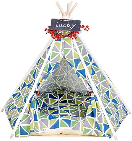 Pet Tent Wood Canvas Dog Cat House With Soft Washable Mattress Kennel Kitten For Small Medium Pet 2 Size 8 Color , triangle pattern , s