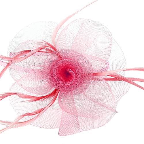 Acecharming Fascinators for Women, Feather Sinamay Fascinators with Headbands Tea Party Pillbox Hat Flower Derby Hats(Pink)
