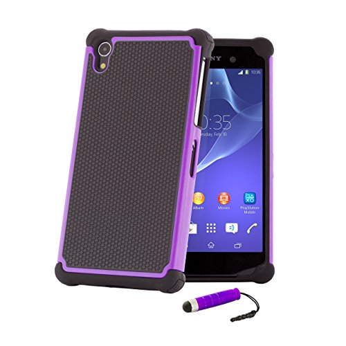 32ndÂ® Shock proof defender heavy duty dual case cover for Sony Xperia Z2 + screen protector, cleaning cloth and touch stylus - Purple