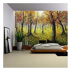 Original Oil Painting Showing Beautiful Autumn Forest on Canvas. Modern Impressionism - Removable Wall Mural | Self-Adhesive Large Wallpaper - 66x96 inches