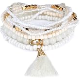 LUREME Bohemian Beads Pearl Tassel Multi Strand Textured Stackable Bangle Bracelet Set(bl003054)