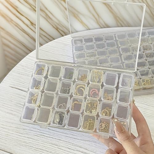 Bead Organizer Box with 28 Grids, Clear Jewelry Storage Containers - Transparent Earring & Ring Display Case, Plastic Craft Storage Container for Bracelet Making, DIY Nail, Jewelry and Earrings