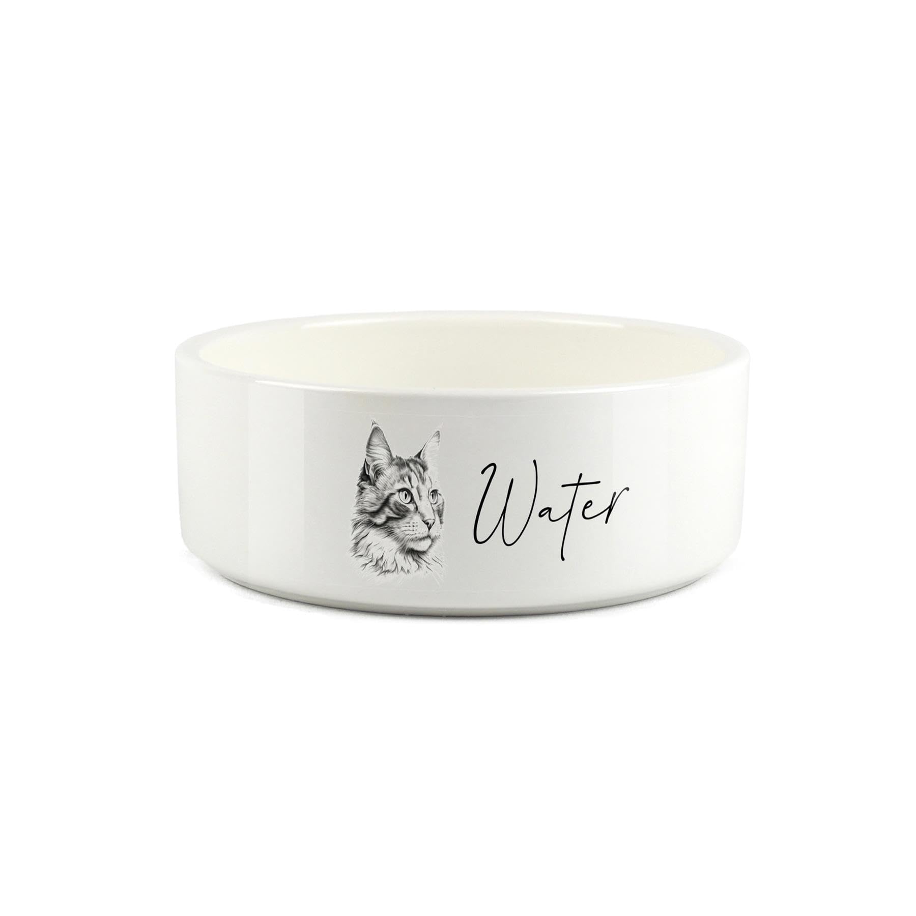 Cat Pet Bowl - Black & White Portrait Small Ceramic Water Bowl - White Water Dish For Cats
