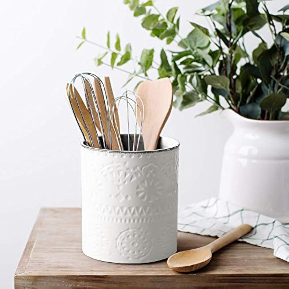 Utensil Crocks Ceramic Embossed Holder, Height 7.2 Inch, Diameter 6.2