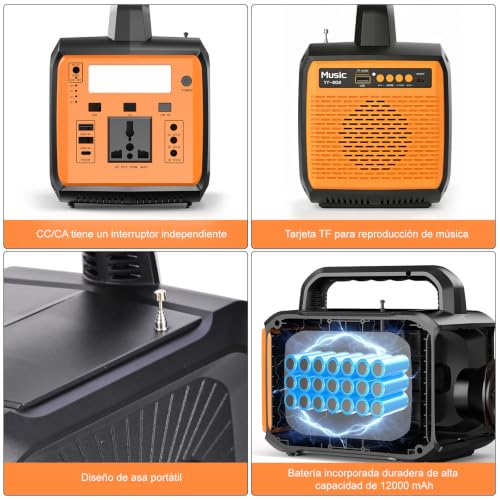 Banco de Energía Portátil, Bateria de Emergencia para Casa con Iluminación LED y Reproductor de Música,Cargador Multipuerto-3 DC, 1PD 2 USB y 1 AC, Estacion de Energia para Exteriores Campamento
