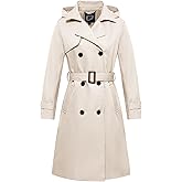Garemcy Women's Long Waterproof Trench Coat Double Breasted Classic Lapel Coat Belted with Detachable Hood