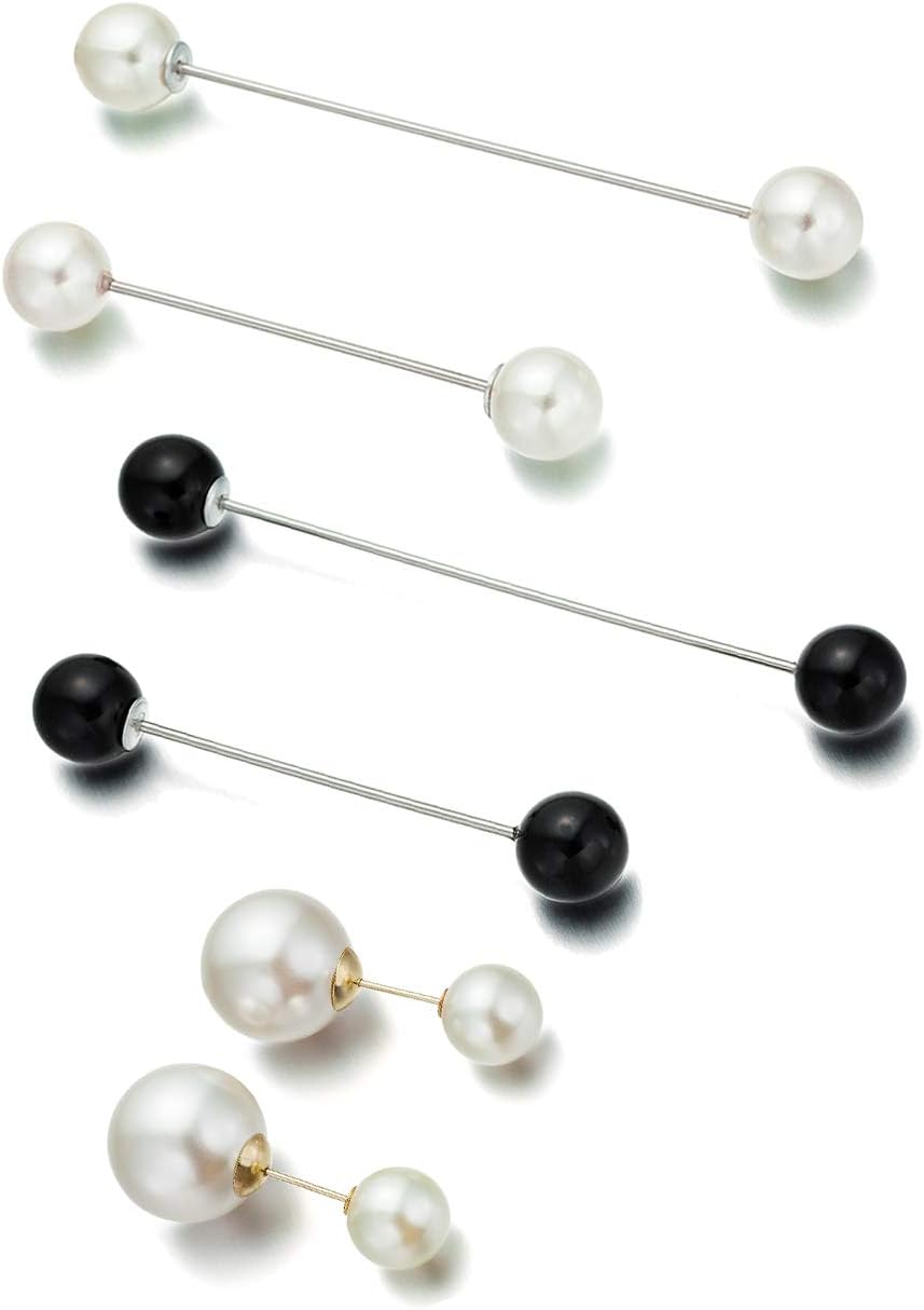3 kiss Sweater Shawl Clip Double Faux Pearl Brooches Safety Pins Women Girls Clothing Decoration/Various funactional Dress Decoration - White & Black 6 pcs