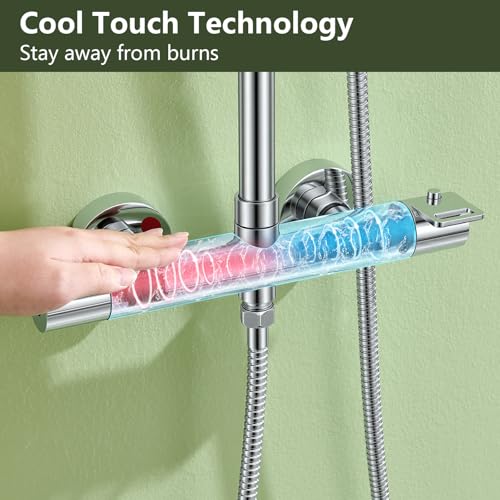 DelnVior Thermostatic Shower System Stainless Steel 12" Square Rain Shower Head Hand Shower Single Spray Mode Shower Faucet Complete Set Height Adjustable with Anti-Scald Protection Water Saving