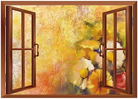 SCOCICI Window Frame Style Home Decor Art Removable Wall Sticker/Yellow Flower,Oil Painting Style Bouquet of Rose Daisy Gerbera Flowers Grunge Display Decorative,Mustard Orange/Wall Sticker Mural