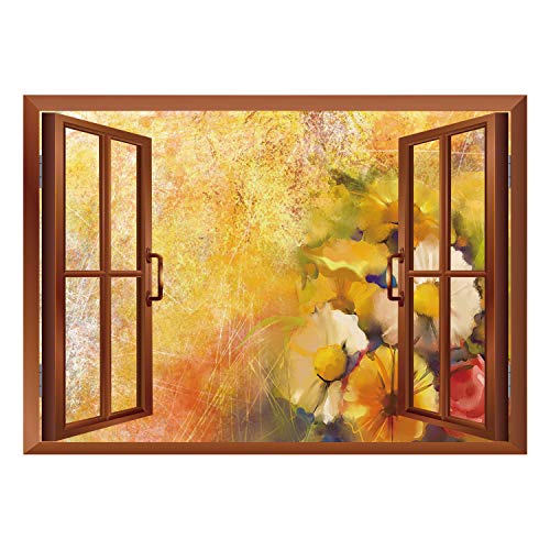 SCOCICI Window Frame Style Home Decor Art Removable Wall Sticker/Yellow Flower,Oil Painting Style Bouquet of Rose Daisy Gerbera Flowers Grunge Display Decorative,Mustard Orange/Wall Sticker Mural