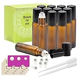 Glass Roll-on Bottles - 10ml, 12 Pack, Amber by Mavogel, Extra Stainless Steel Roller Balls, Essential Oil Opener, Droppers, and Labels Included