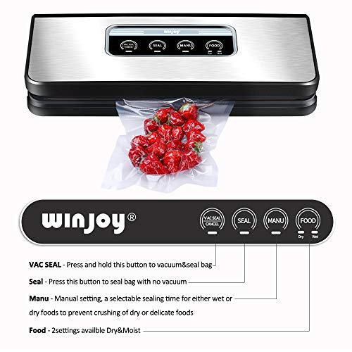 Vacuum Sealer Machine, Winjoy Automatic Food Sealer for Food Savers w/Starter Kit|Touch Pannel and LCD Display|Dry & Moist Food Modes| Compact Design (Silver)