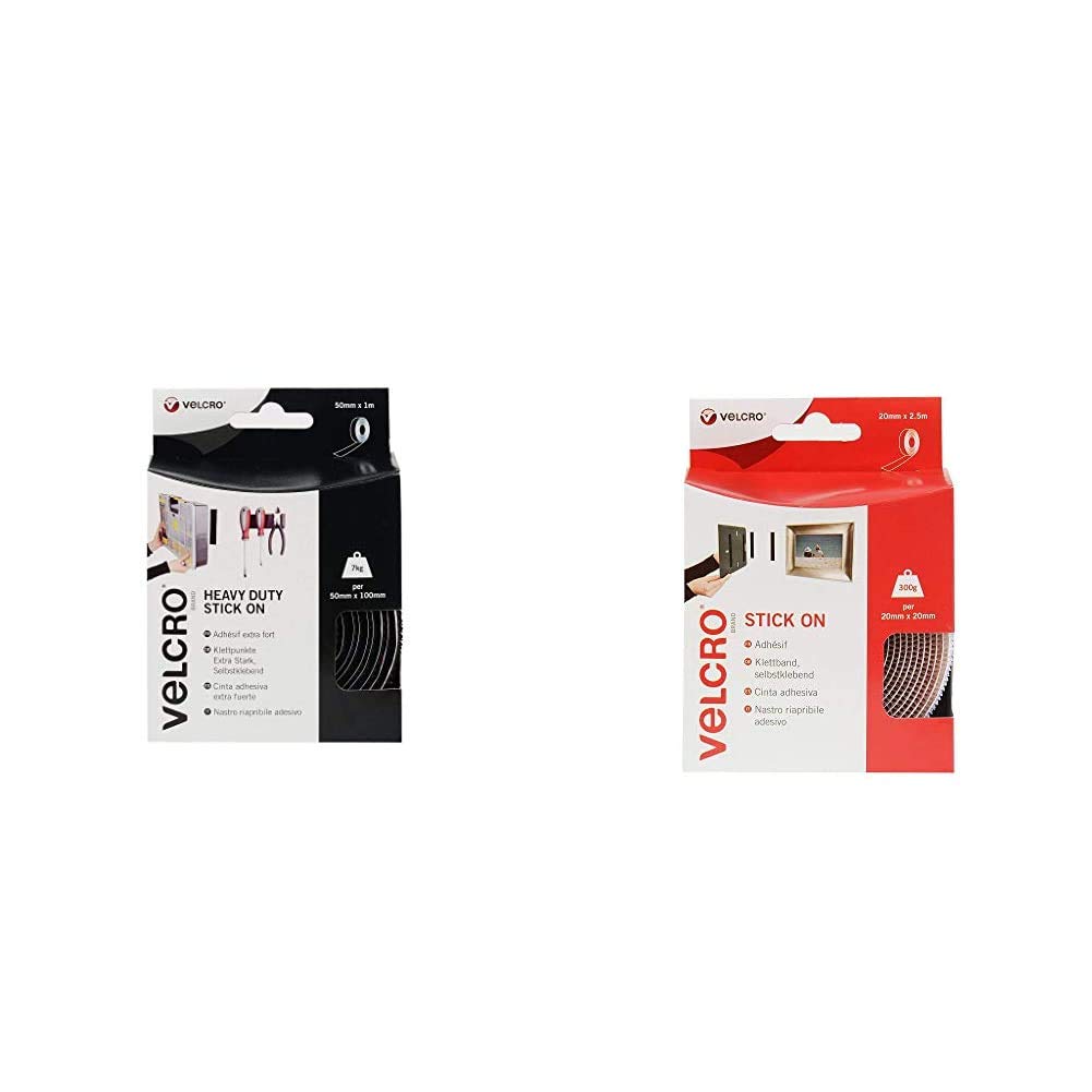 VELCRO Brand Heavy Duty Stick On Tape 50 mm x 1 m, Black & White Stick On Tape 20 mm x 2.5 m Roll