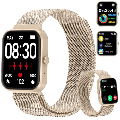 PEJE Smartwatch HXW06,Tela TFT HD de 1,83" Ecrã tátil e Ai,Feminino e Masculino,123 Esportes,IP68 à rova d'água, Chamada Bluetooth, Compatível com Android iOS （Pulseira em aço dourado）