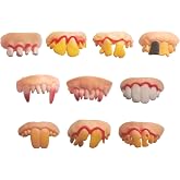 Merkaunis Fun Fake Teeth Props 10 Pack Adult Halloween Joke 10 Styles | Vampire Fangs, Rotten Denture Style, Ugly Joke Teeth Props, Party Favor Set, Halloween Costume, 10 Unique Funny Styles