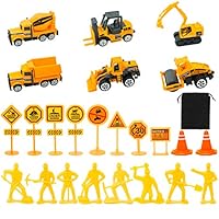 HaiMay 24 Pieces Construction Toys Vehicles Set Include 6 Mini Construction Vehicles,10 Road Signs and 8 Construction Workerst for Boys Gift