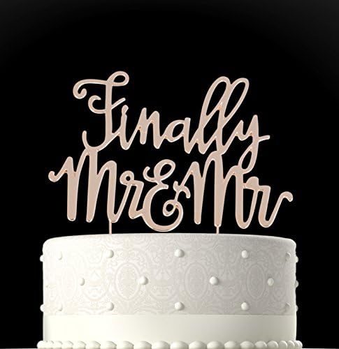 Rubies & Ribbons Gay Finally Mr & Mr Gold Metal Wedding Cake Topper Party Decoration with Gift Box