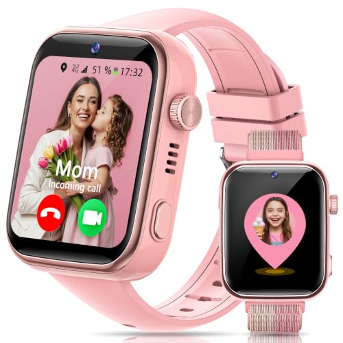 AIMIUVEI 4G Children's Smart Watch with Calls, Video Calls, Voice Chat, WiFi, GPS, SOS, SMS, Waterproof IP68, School Mode and Pedometer, Children's Smartwatch with HD Screen of 1.83 inches, Pink