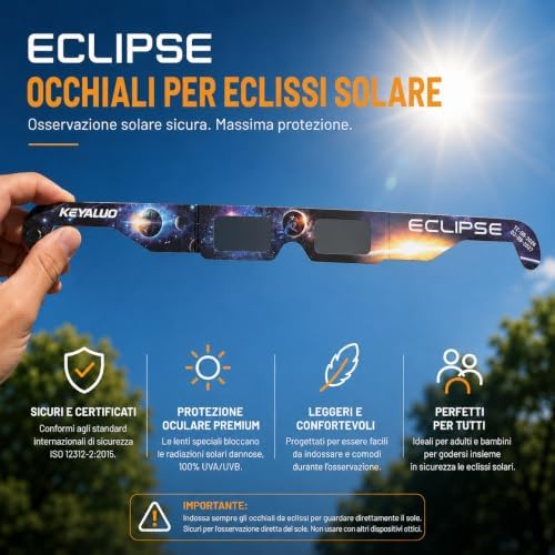 Occhiali eclissi solare,approvati 2026, confezione da 12 occhiali per eclissi solare per visione diretta del sole, certificati ISO 12312-2:2015 (E) e CE