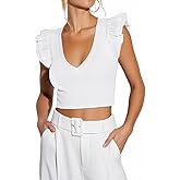 Ezbelle Women's Summer Shirts V Neck Crop Tops Ribbed Knit Tank Ruffle Sleeveless Top Sexy Blouse Ladies Clothes 2026