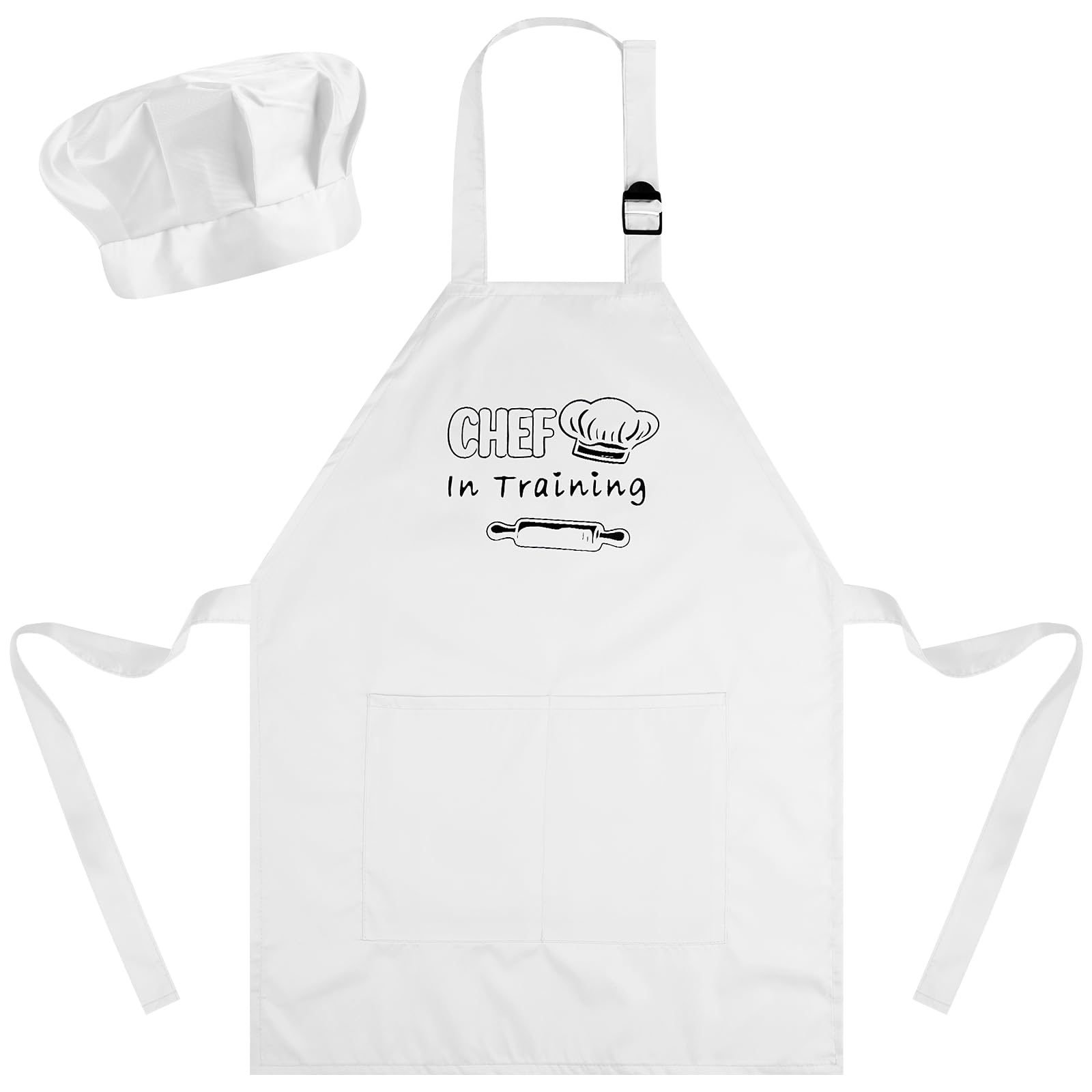 Bouiexye Kids Apron and Chef Hat Set Adjustable Child Aprons with 2 Large Pockets for Girls Boys Cooking Baking Painting Gift (White)