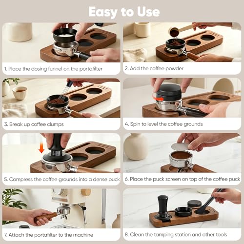 Espresso Accessories Set 54 mm, Wooden Tamper Station with Adjustable Height, Non-Slip Base and 3 Silicone Pads - Organizer for Portafilter, Distributor, Brush and Dispenser