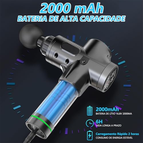 Massageador Eletrico, Pistola Massageadora Profissional, Massageador Muscular Corporal Portatil, Pistola de Massagem para Alívio da Dor, Relaxamento, Liberação Miofascial, 6 Ponteiras e 30 Velocidades