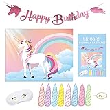Unicorn Favors Pin The Horn On The Unicorn Birthday Game - Unicorn Party Supplies with Bonus Glitter Happy Birthday Unicorn Banner Decorations by (Pink)