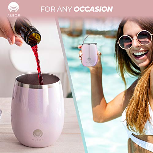 Albor Triple Insulated Wine Tumblers with Lids and Straws Glitter Blush Wine Tumbler Set (12 Oz, 4 Pack)