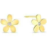 EVAYA 14K Yellow Gold Cubic Zirconia Flower Screw Back Stud Earrings for Women