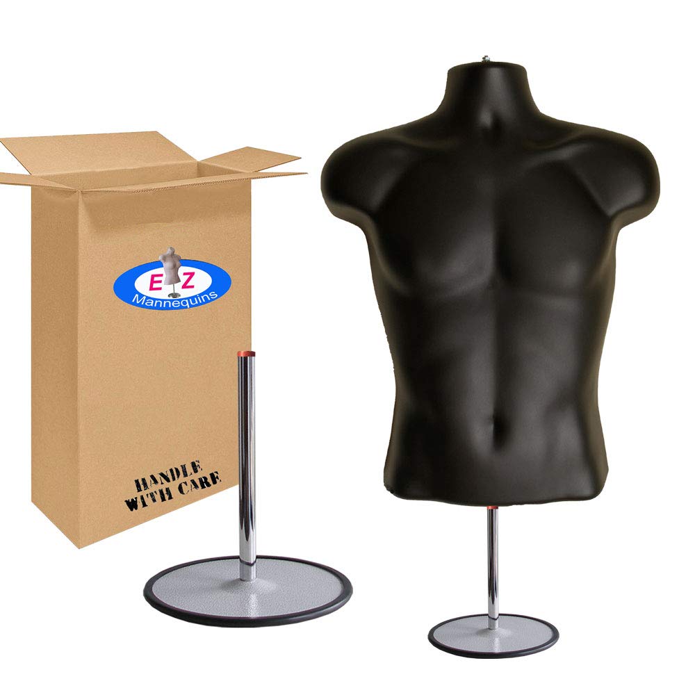 Male Mannequin Torso, Dress Form Hollow Back Body Tshirt Display, with Stand for Counter Top by EZ-Mannequins for Craft Shows, Photos or Design, Easy to Assemble and Store, S-M Clothing Sizes, Black.