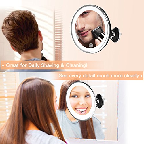BESTOPE Makeup Mirror 10x Magnifying 16 Led Vanity Mirror with 360°Rotation Locking Suction, Battery Operated, Cordless Portable Natural Dimmable Bathroom Mirror