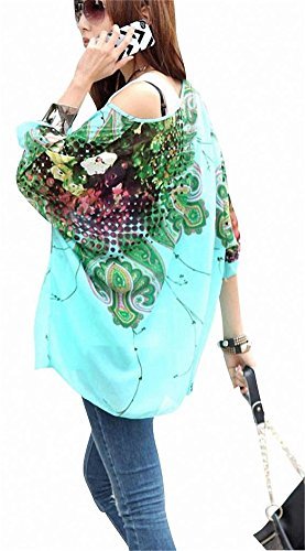 Landove Womens Batwing Sleeve Chiffon Bohemian Beach Semi Sheer Tunic Shirt Blouse