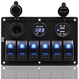 FXC Waterproof Marine Boat Rocker Switch Panel 6 Gang with Dual USB Slot Socket + Cigarette Lighter + Digital Voltage Display LED Light for Car Rv Vehicles Truck (6 Gang Blue Light)
