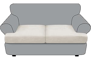 Imnopqr T Cushion Loveseat Sofa Cover Leather-Look 2PC Stretch Sofa Seat Cushion Slipcover Individual Couch Seat Covers with Elastic Bands, Pet-Friendly, Non-Slip, Easy Fit - Beige