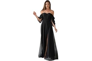 CHICBRIDAL Women's Formal Dresses Plus Size Black Bridesmaid Dresses Off The Shoulder Chiffon Wedding Guest Dresses with Slit
