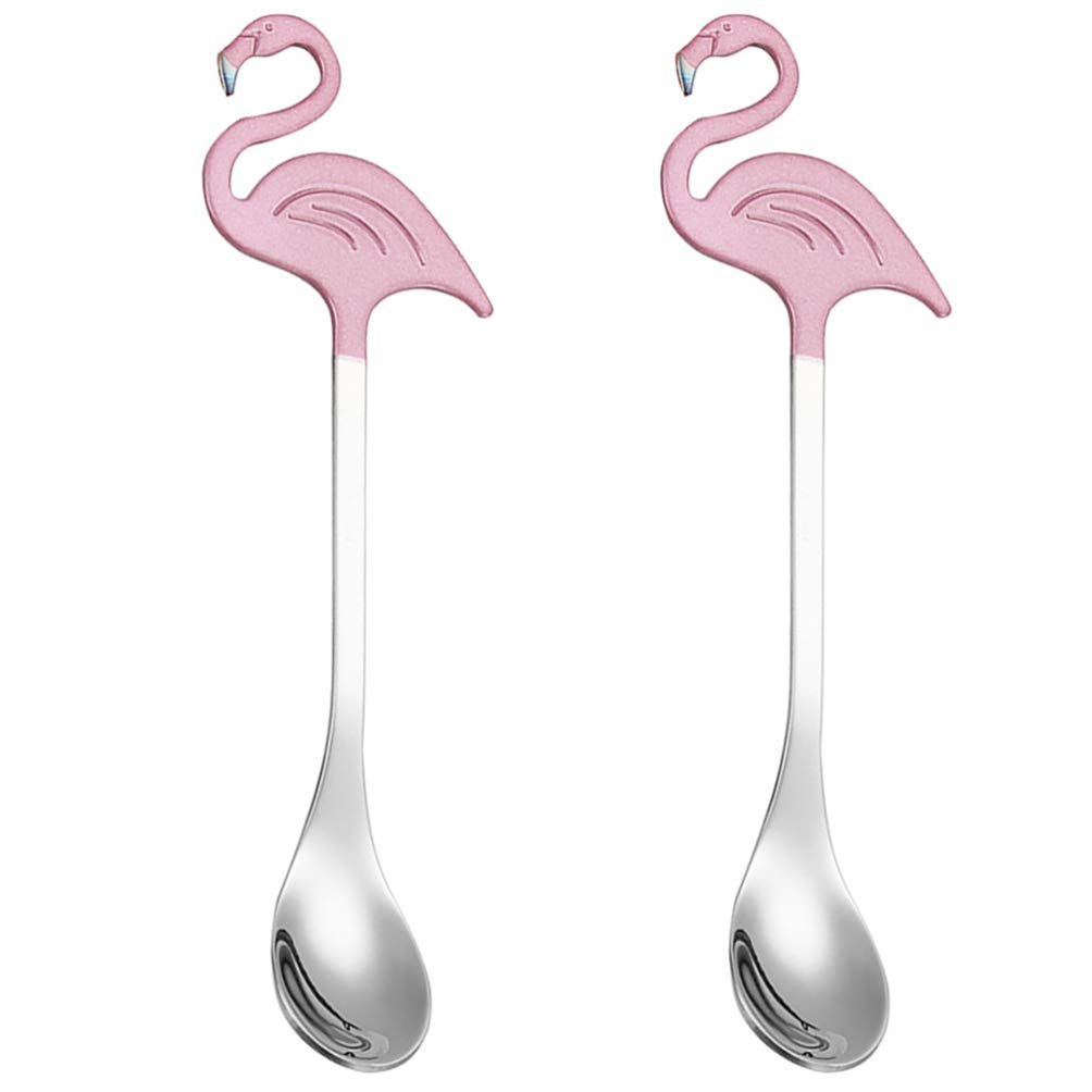 DOITOOL 2pcs Stainless Steel Coffee Spoon Flamingo Shape Tea Spoon Dessert Stirring for Hawaiian Party Supplies Mixing Ice Cream Dining Silver