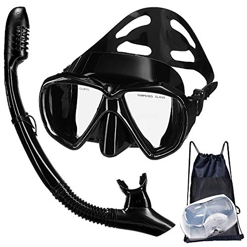 Snowledge Snorkel Mask, Scuba Diving Mask with Tempered Glass, Impact Resistant Snorkel Set, Leak-Proof Dive Mask, Carry Bag Included