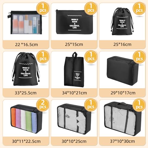 Suitcase Organizer, 10 Pieces Waterproof and Tear-Resistant Organizer Bags, Packing Cubes for Clothes, Shoes, Underwear and Cosmetics, Black