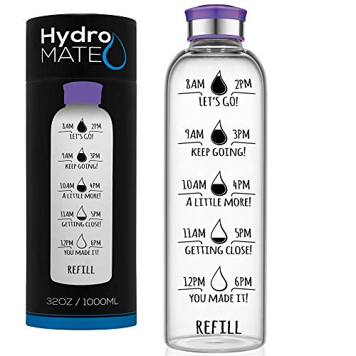 HydroMATE 32 Oz Motivational Glass Water Bottle with Time Marker Leak Proof BPAFree Track