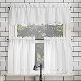 No. 918 Mariela Floral Trim Semi-Sheer Rod Pocket Kitchen Curtain Valance and Tiers Set, 58