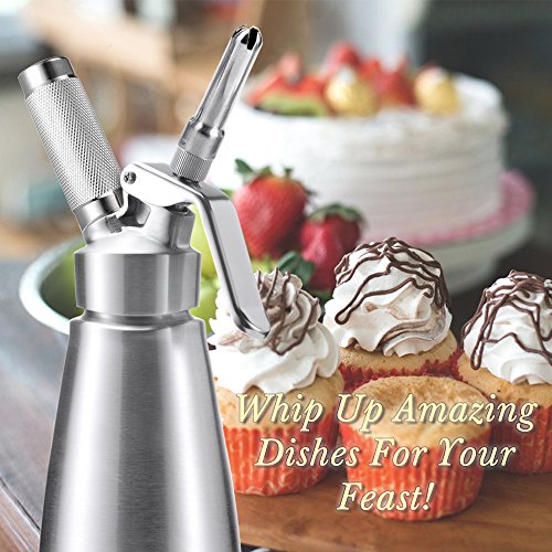 Classic All Stainless Steel Whipped Cream Dispenser 1 Quart - Professional Culinary Cream Whipper with Full Set Injector Tips - Professional 2-Pint Size, Free Recipes Included