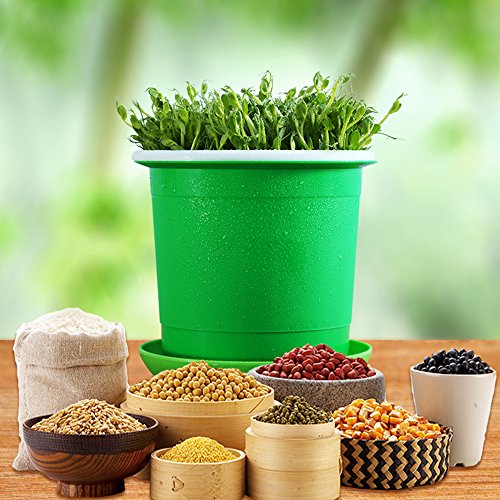 Seed Sprouter Pot,Big Capacity 8.27"x8.27"x8.4"Green Health Bean Sprouting Device 5 in 1:Inner+Outer bucket,Pressure plate,Lid,Tray and Counting Cup
