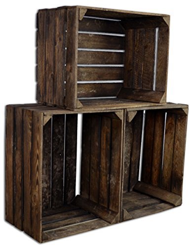 [- 3 Set CHICCIE Vintage Holzkiste - Gebrannt - alte Obstkiste - Weinkiste - Natur Used Look (Gebra
