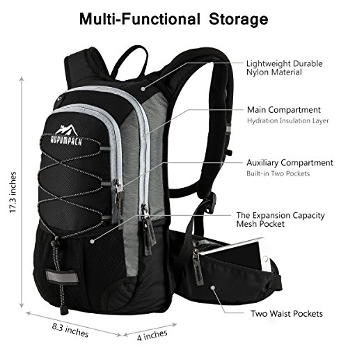 Insulated Hydration Backpack Pack with 2L Water Bladder - Keeps Liquid Cool up to 4 Hours, Prefect Outdoor Gear for Hiking, Running, Cycling, Camping, Skiing, Black+Grey