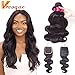 VRVOGUE 3 Bundles Brazilian Body Wave with 4x4 Lace Closure Human Hair 100% Unprocessed Brazilian Virgin Human Hair Free Part Closure Weave Natural Color (20 22 24+18 Free Part)