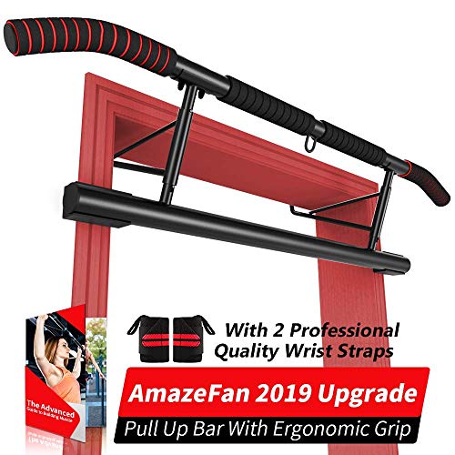 AmazeFan Pull Up Bar Doorway with Ergonomic Grip - Fitness Chin-Up Frame for Home Gym Exercise - 2 Replaceable Accessories - 2 Professional Quality Wrist Straps + Workout Guide -No Installation Needed